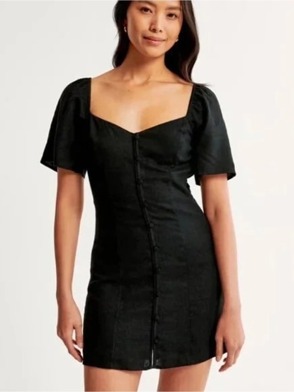 Abercrombie linen blend button through mini dress black xs petite